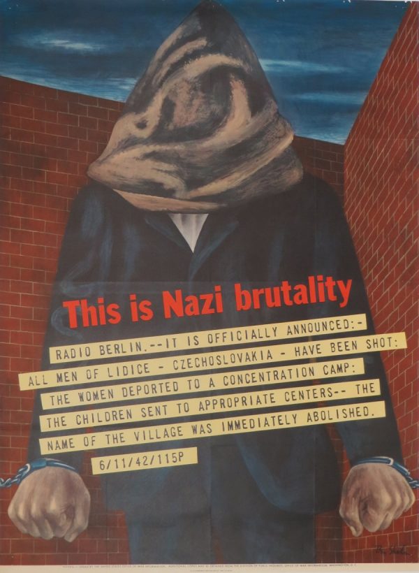 A hooded figure stands in front of a brick wall (corner) with protest words in the lower half of the poster.