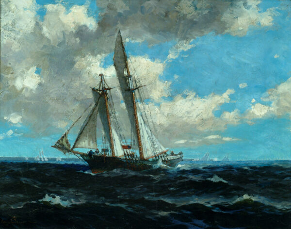 Marine scene with boat under full sail against blue sky with white clouds.