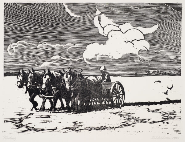 Pastoral scene with four horses hitched together, facing left, and pulling a farm implement with farmer; clouds right of center and three to four birds, right, below center.