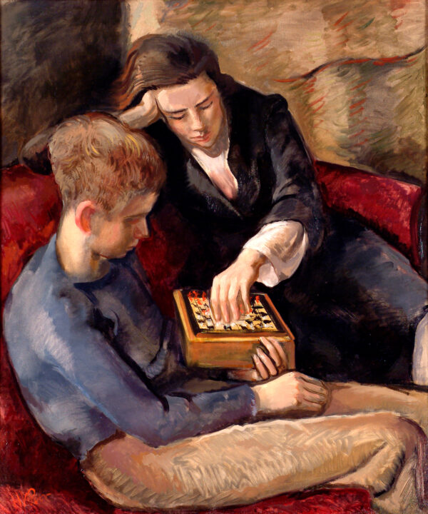 The artist's son and daughter, Peter and Anne, seated on a red sofa playing chess. Side view of Peter, seated left; front view of Anne, seated with head resting on her hand, center. Peter holds the chess board while Anne moves a game piece