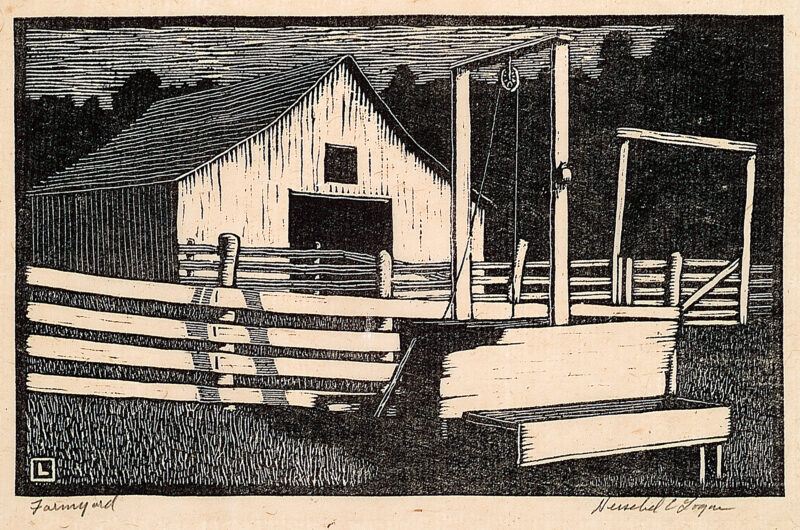 Depicts a farmyard with an old barn and a rail fence corral in the center front and an animal feeding trough in the lower right.
