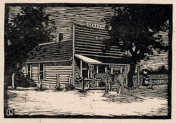 Depicts a general store; a man is sitting on a porch in front of the store and a female figure is seen walking away from the store. A horse is tied to a rail in front of the store.