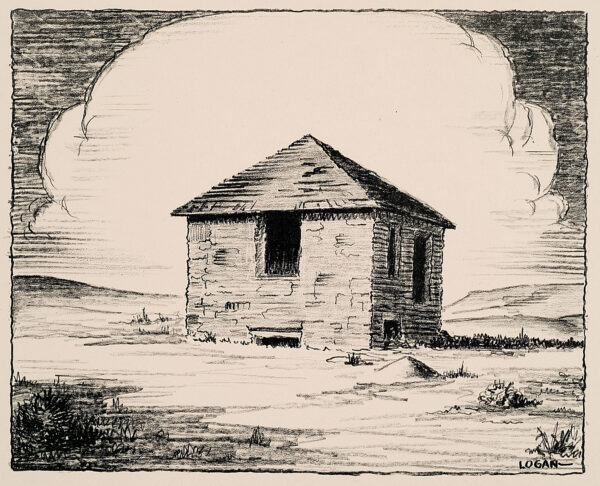 Depicts a small rock or stone building in the center surrounded by barren ground; a single large cloud is shown in the distance.