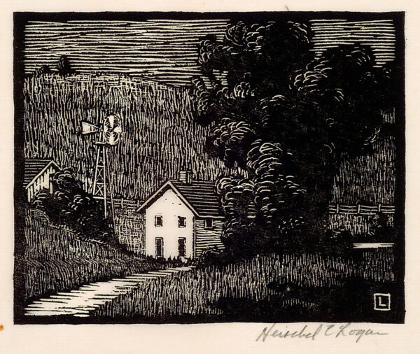 Depicts a small house surrounded by fields. An outbuilding and windmill are to the left and a large tree to the right of the house.