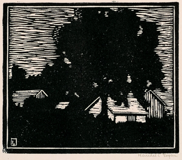 Depicts a rural scene of several outbuildings; a large tree is in the center.