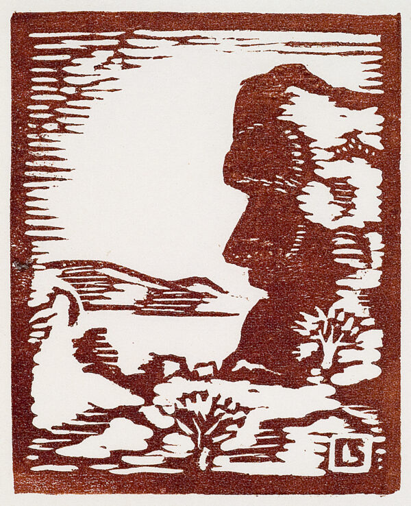 Depicts a large rock that has the appearance of a man's facial profile in the center right; small trees are in the foreground and mountains are shown in the far distance.