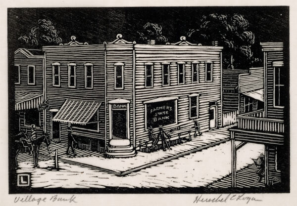 Depicts a bank building on a corner lot in an 1800s town. From 