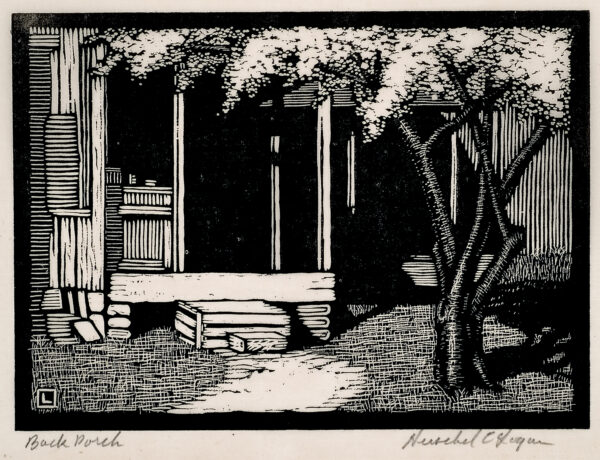 Depicts a simple back porch of an old house with a path leading to two wooden boxes which serve as steps.
