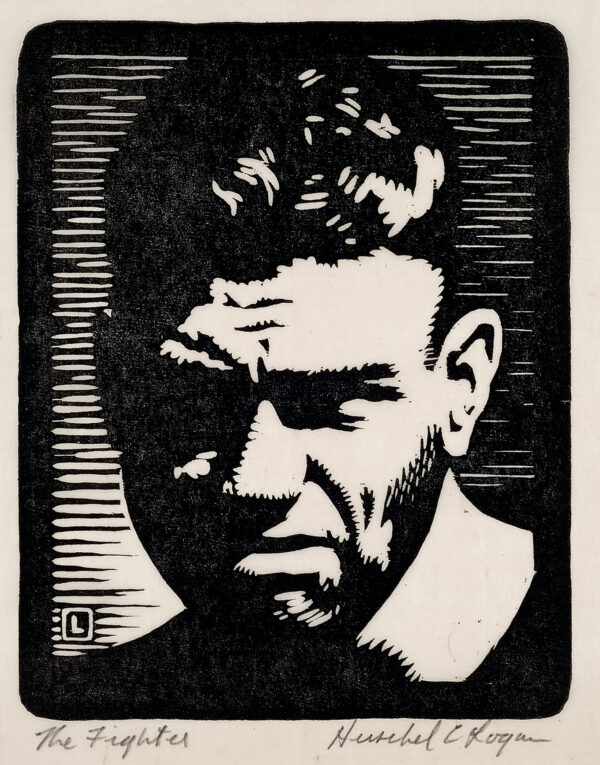 Depicts a bust-length portrait of Jack Dempsey, a heavyweight boxing champion of the early 20th century.