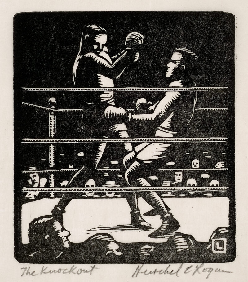 Depicts two male boxers in a boxing ring.