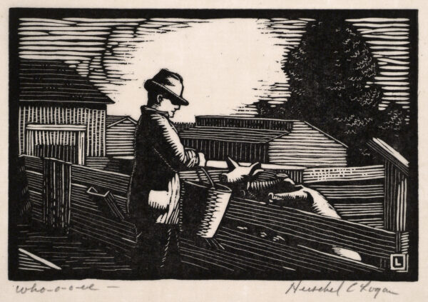 Depicts a man (possibly the artist) holding a bucket and leaning over a fence to feed three pigs.
