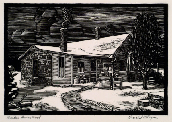Depicts a rock and clapboard farmhouse with a water cistern and dinner bell on a post in the front yard; a bench holding crock vessels sits beside the front door. Remnants of snow remain on the ground and on the roof.