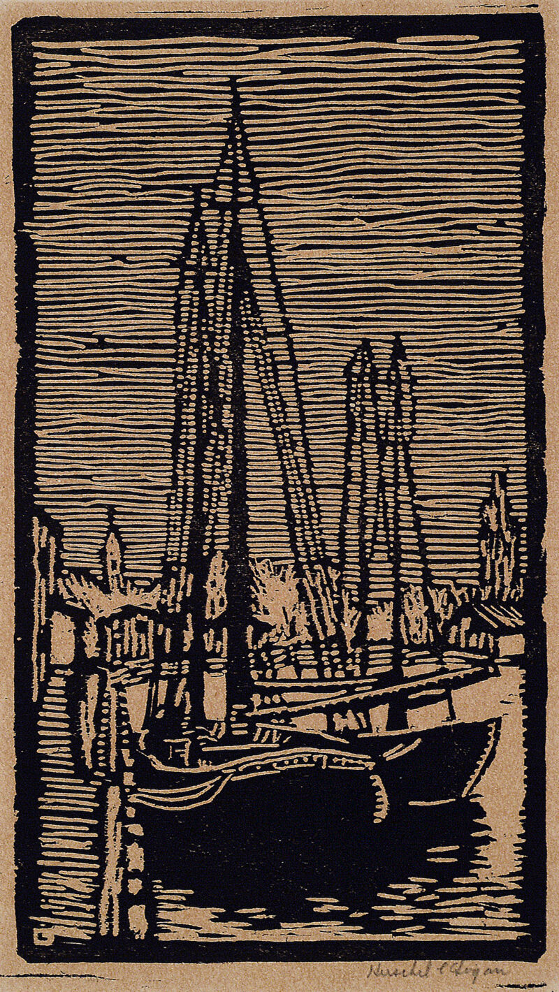 Depicts two sailboats tied to a dock; several small buildings are show in the far distance.