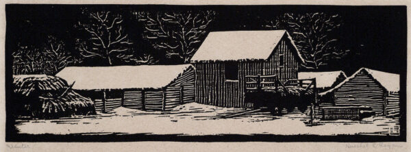 Depicts a barn, a machine shed, and two other outbuildings all blanketed with snow; a hay wagon is parked in front of the barn.