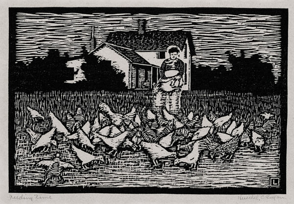 Depicts a woman feeding a flock of chickens; a farmhouse surrounded by trees is shown in the distance.
