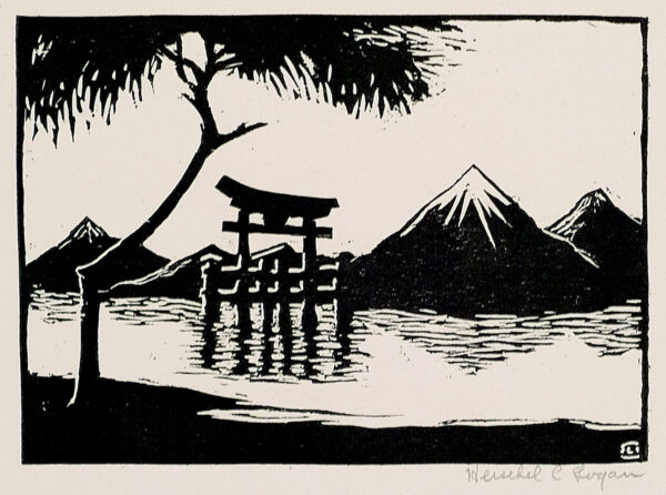 Depicts a lake with a Japanese gate in the center; a snow-capped mountain (possibly Mount Fuji) is visible in the distance. There is a tree with a tall, slender trunk to the left.