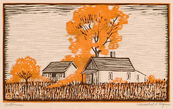 Depicts a small shanty house and outbuilding in the center; tall grass is shown in the lower front and a large tree and small tree are shown in the distance. The tree foliage and part of the grass are printed in orange.
