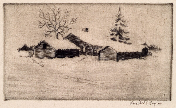 Depicts a large ranch-style farmhouse with two large trees in the distance all blanketed in snow.