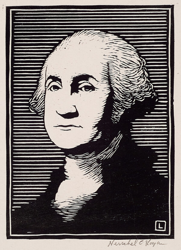 Depicts a bust-length portrait of George Washington.