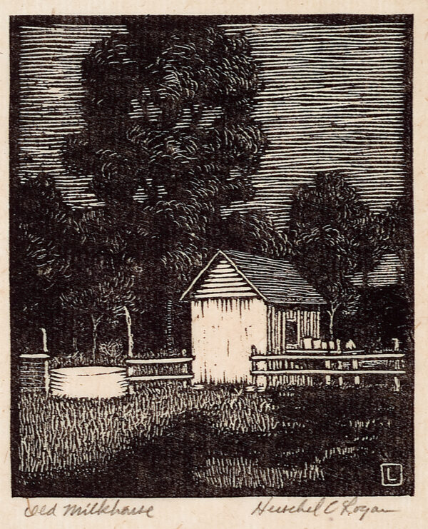 Depicts a small wood outbuilding with a rail fence on each side; a watering trough is in the center left.