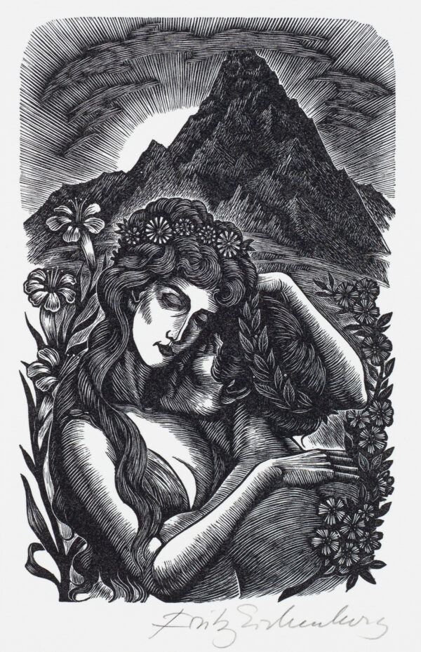 Woman holding a male figure with a mountain in the distance.