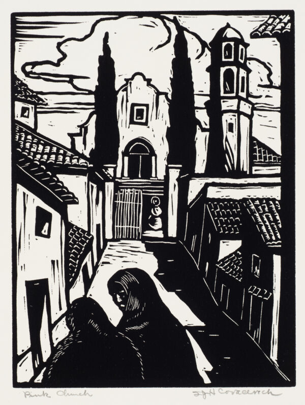 Two figures are in the foreground before a narrow street with a church and tower in the background.