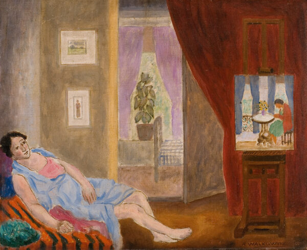 A woman dressed in blue reclines in the foreground of an interior space. Behind a curtain through a window is a woman with a table.