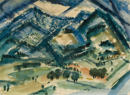 Recto (a):  A landscape with  mountains in the distance in blues and greens and a valley with trees in the foreground. 
Verso (b):  Same as recto but with fewer mountains.