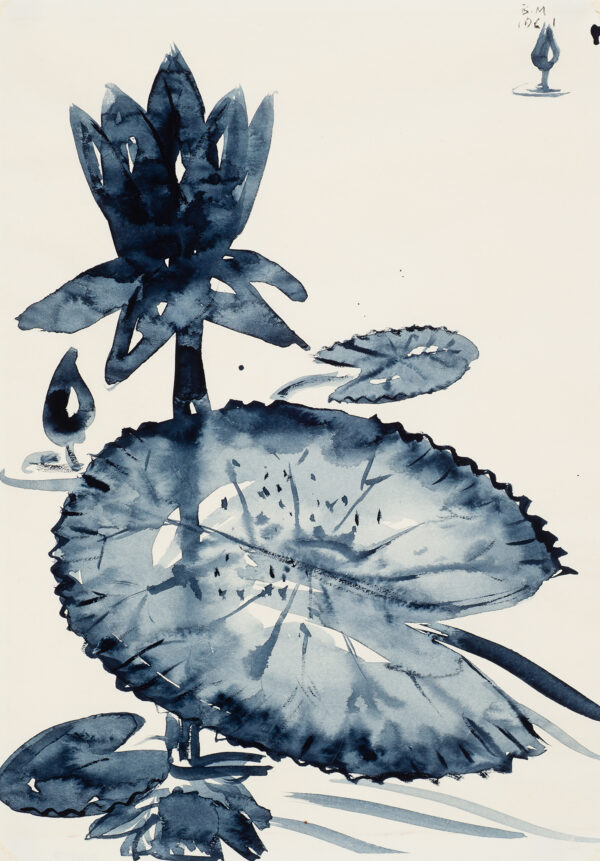 A painting of a lily pad with a flower. A 1” small bud shape is in the upper right corner.