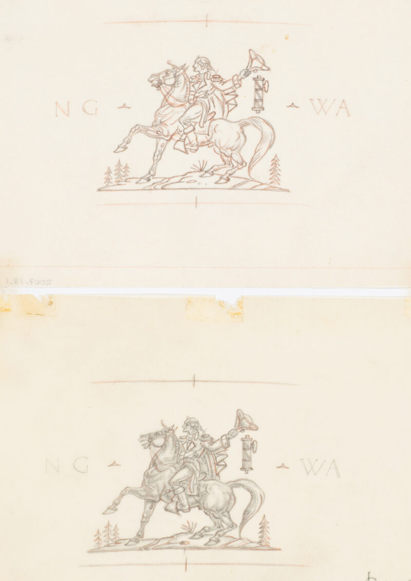 Both drawings are the same sketch of George Washington on a horse waving his tri-cornered hat. In the background are the letters NG to the left and WA to the right. These drawings are preparatory sketches for the Steuben 