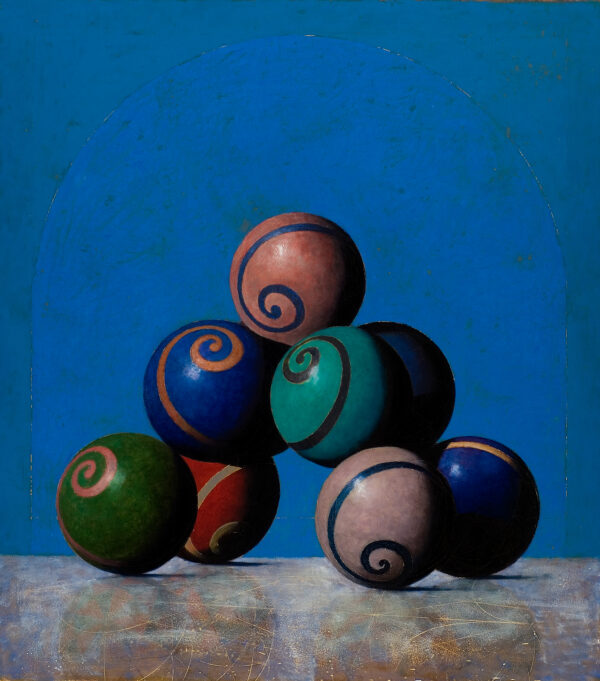 The painting is of a pyramid of 9 balls on a table. Each ball is a different color and has a different spiral pattern painted on them. The balls are against a blue background.