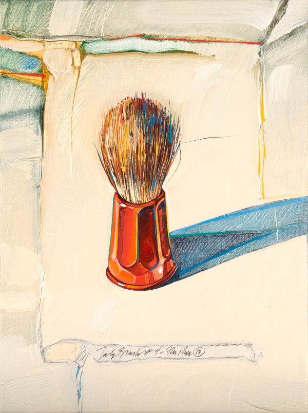 A shaving brush stood on it’s handle. There is an yellow triangle at top left of the painting. The handle is red with multicolored hairs.