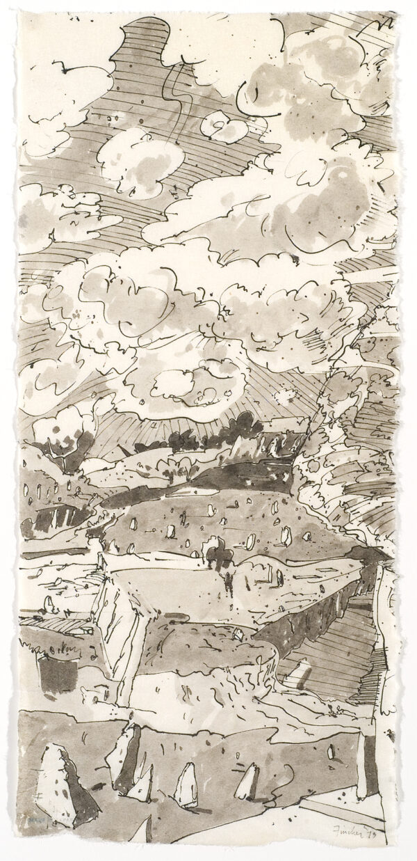 A vertical landscape with the top half of the drawing of clouds and sun rays. The bottom half is of square hills and triangular shaped stones in the foreground.
