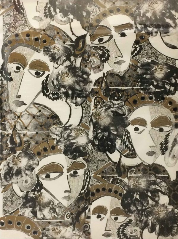 Repetitive faces are printed in black and dull bronze ink on paper. Ѕ of the face is cut out and fabric with silver threads show through. 
ѕ” sequins are sewn on to the headwear of the faces. Some dots are 3-dimensional with heavily applied paint.