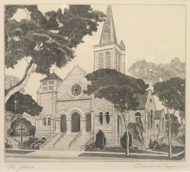 St John’s Episcopal Church (3rd & Topeka, Wichita, KS) with tree at top left and smaller trees to the right.