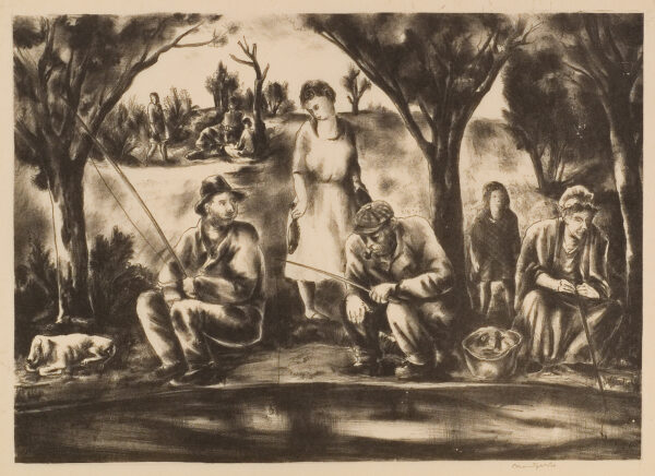 In the foreground two men and a woman sit with fishing poles. A woman stands and there is a young girl and a dog. In the background is a smaller group of four people.