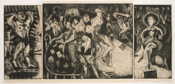 Print is in three sections, the center slightly taller. The image is of a strongman at left, a can-can dancer at right and the center image is more abstracted with many figures dancing or part of a circus show.