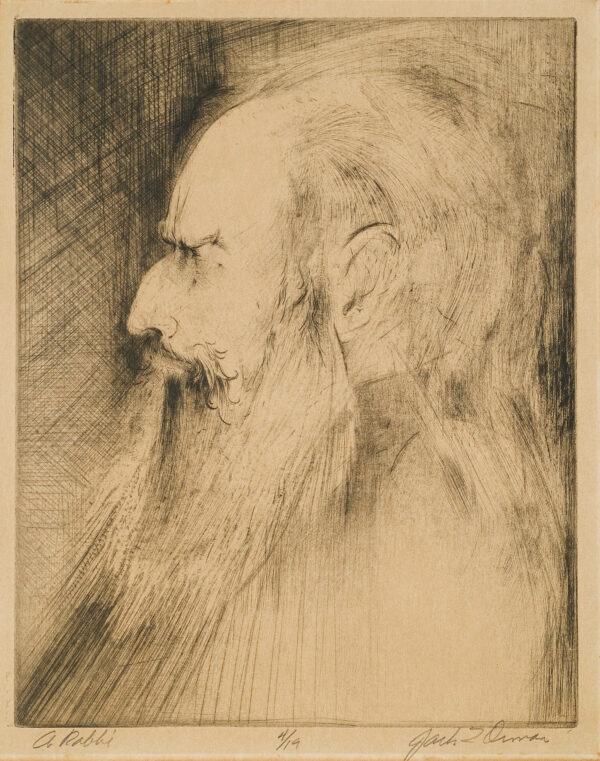 A balding man with a long beard and mustache is seen in profile looking left.