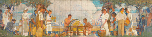 Scenes of Kansas' early population including native Americans and early settlers with a large globe surrounded by two youths in the center.