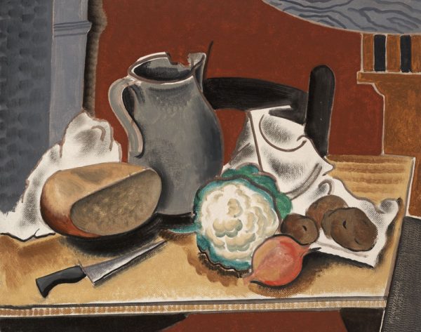 A still life of pitcher, bread and knife on left, cabbage, potatoes, etc, on the right