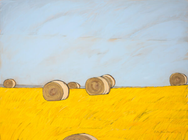 Seven hay bales sit in a yellow field with a blue sky.