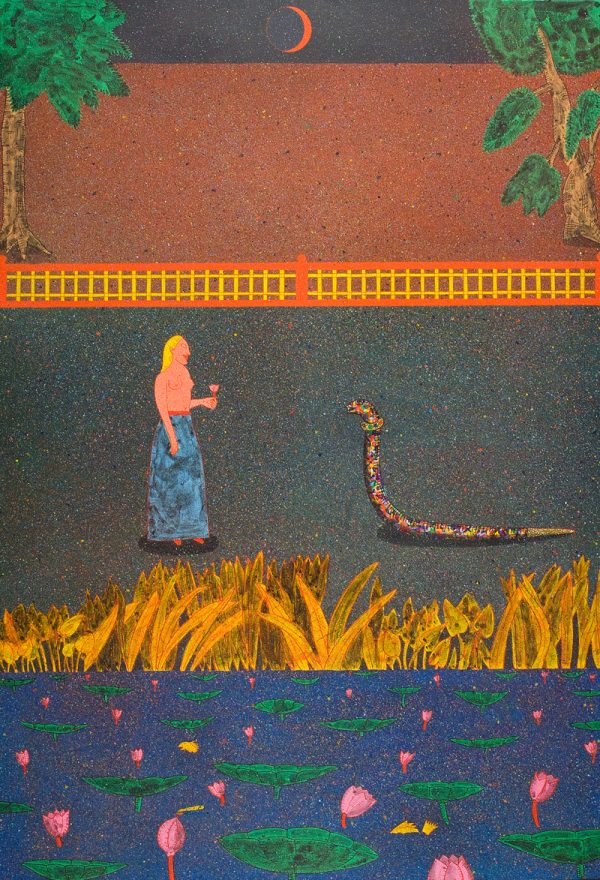 A woman holding a flower stands before a snake with a jeweled collar. Below is a body of water with lotus plants, dragonfly and fish. Above is a fence with a tree on each side and an orange moon at the top center.