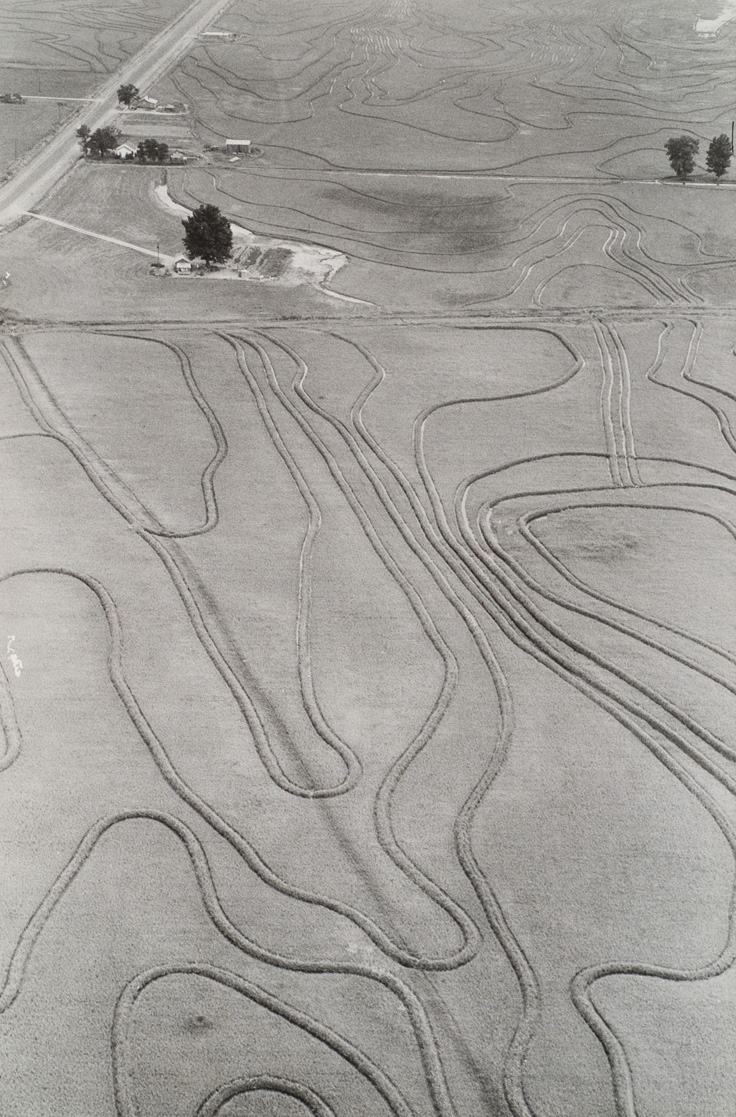 Fields with multiple wavy lines from tractors.