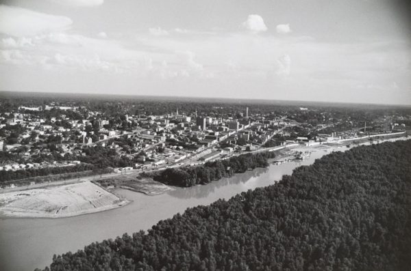 View of Vicksburg, MS, with Mississippi river in front.