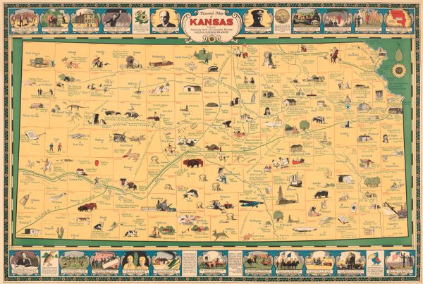 A map of Kansas showing county lines, major towns, landmarks and illustrations of special interest such as what is produced there.