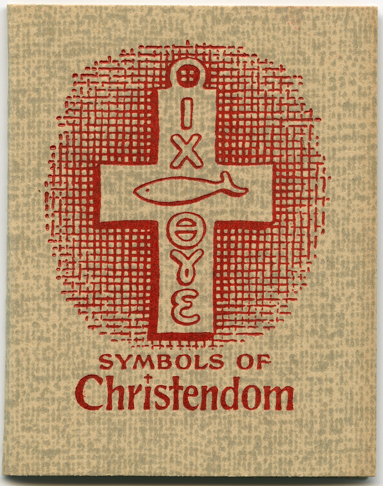 Card stock cover of gray weave printed on tan background. Image of two different crosses on front and back. The book is of Christian symbols with explanations.