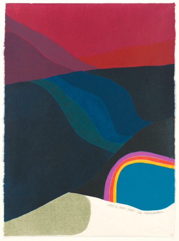 An abstract landscape with three color rainbow in lower right.