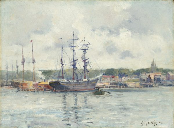 Several ships with masts in harbor, with village behind.