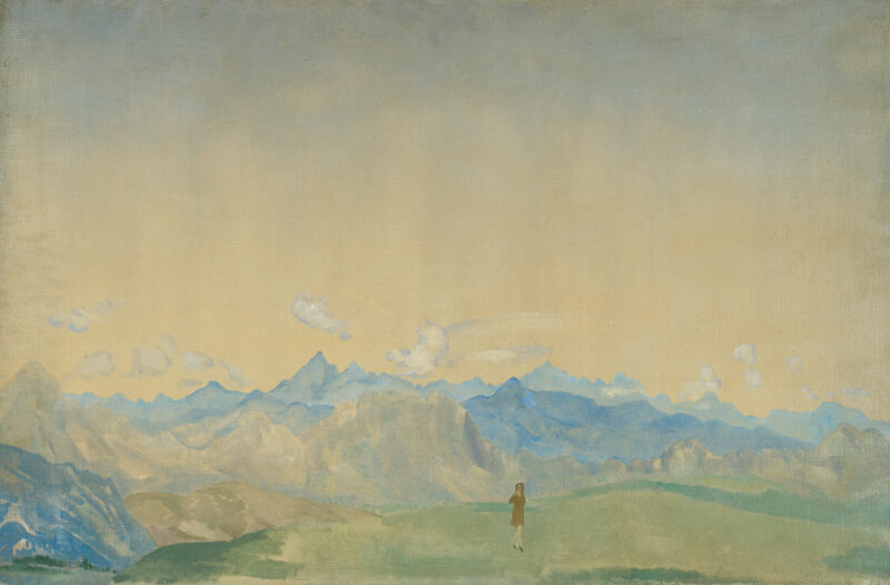A lone figure stands at bottom center in front, mountains in the distance. 2/3 of the painting is sky.