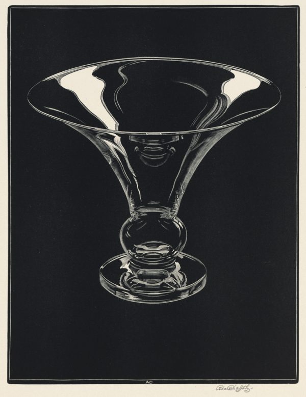 The 29th print produced for the Woodcut Society, Alexandria, VA, 1946. The image is a Steuben vase.